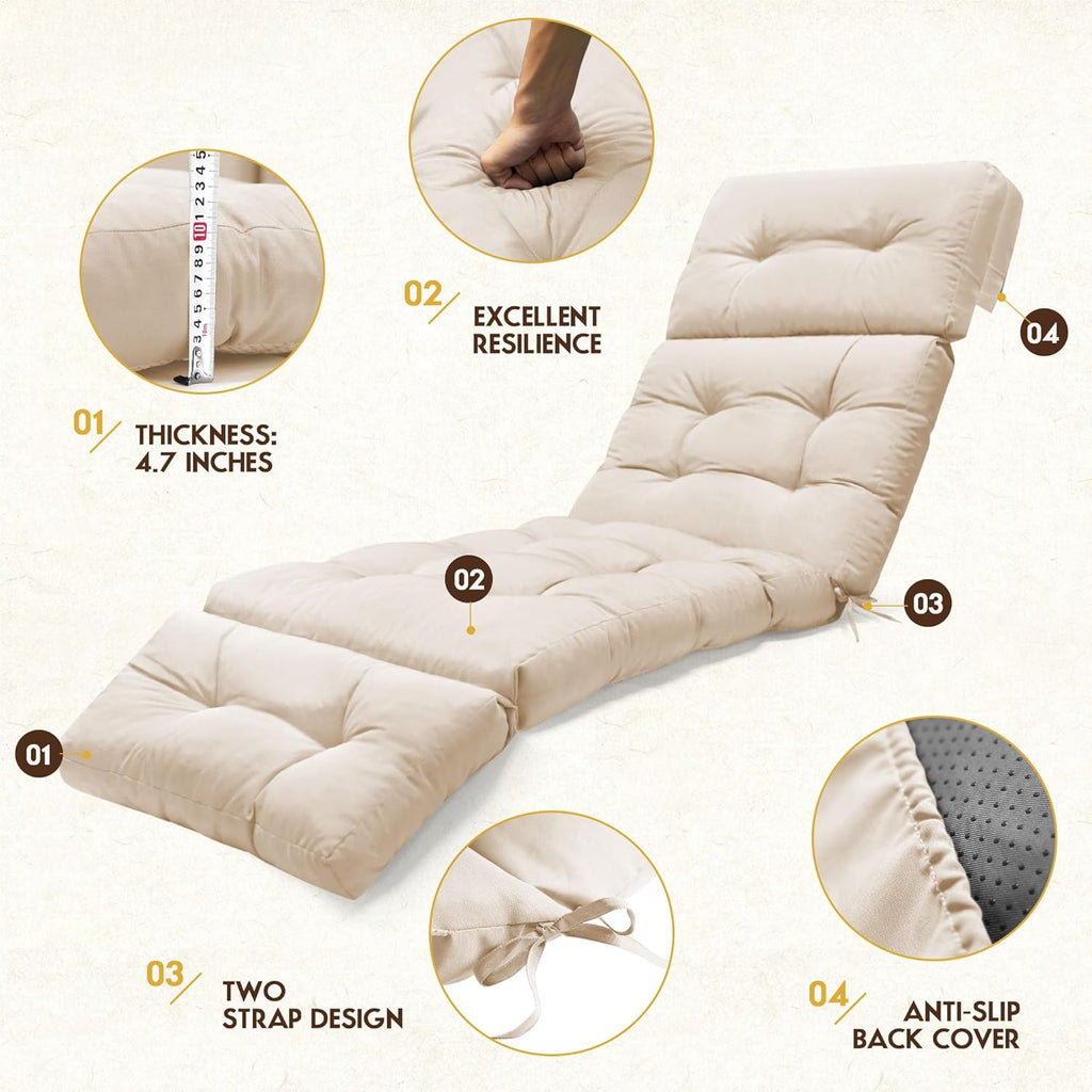 Outdoor Chaise Lounge Chair Cushion Waterproof 74.4 x 22 x 4.7 Inches Memory Foam Lounge Chair Cushions Replacement for Outdoor Furniture with Ties, Thickened Pool Lounge Chair Cushion, Beige