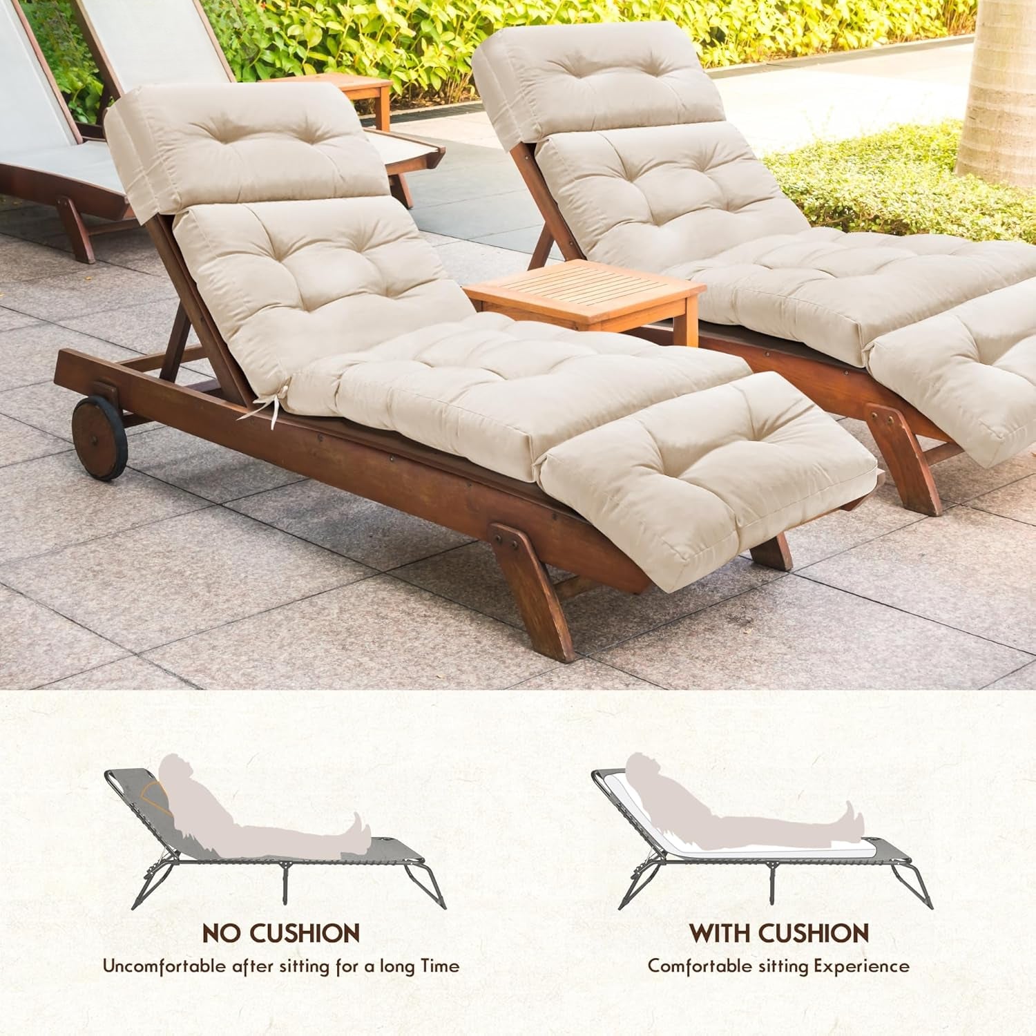 Outdoor Chaise Lounge Chair Cushion Waterproof 74.4 x 22 x 4.7 Inches Memory Foam Lounge Chair Cushions Replacement for Outdoor Furniture with Ties, Thickened Pool Lounge Chair Cushion, Beige
