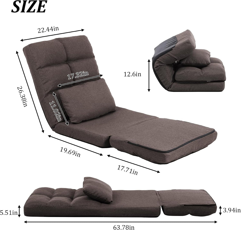 Chaise Lounge Indoor, 14-Position Floor Chair with Padded Pillow for Adults Kids, Folding Lazy Sofa Chair for Living Room, Bedroom, for Gaming Reading (Brown)