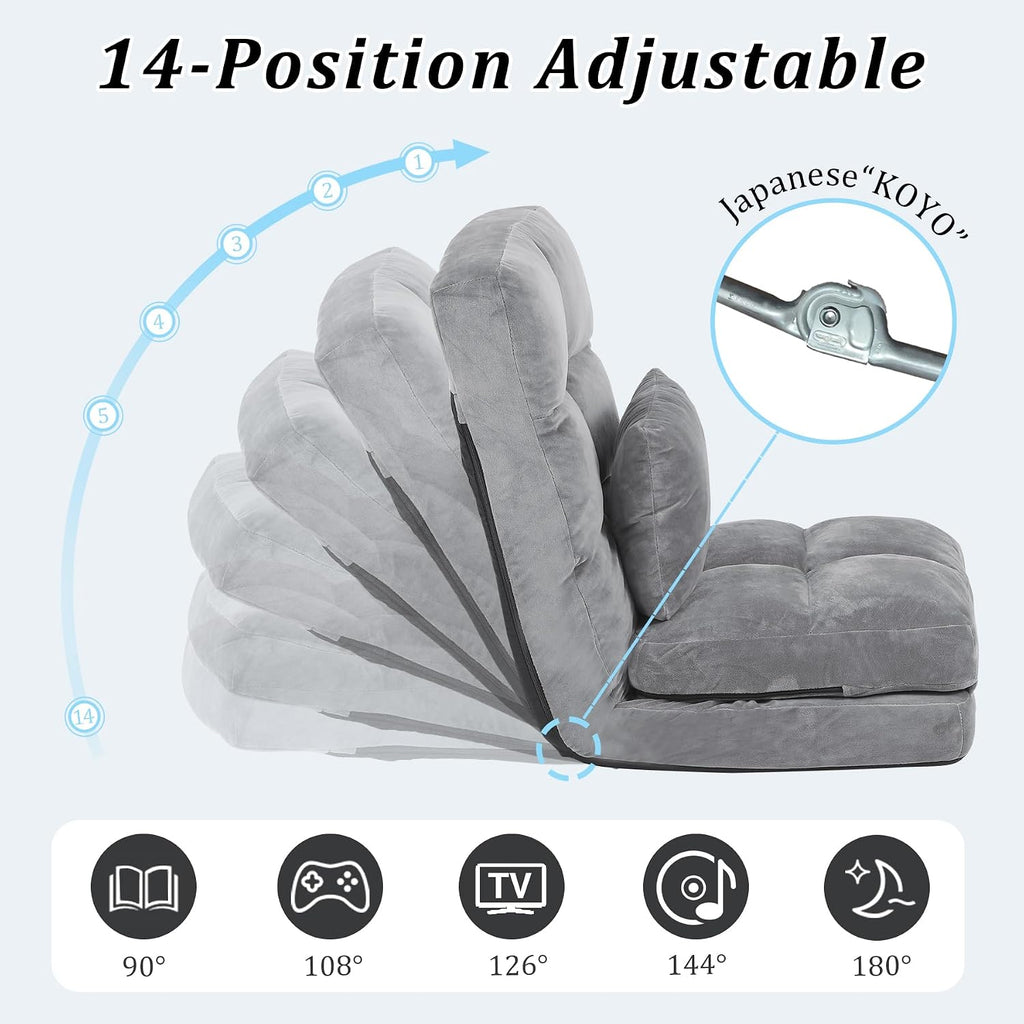 Indoor Chaise Lounge Sofa, Floor Chair with Back Support for Adults, 14 Angle Adjustment Recliner Chair, Folding Floor Lounger with Pillow (Grey)