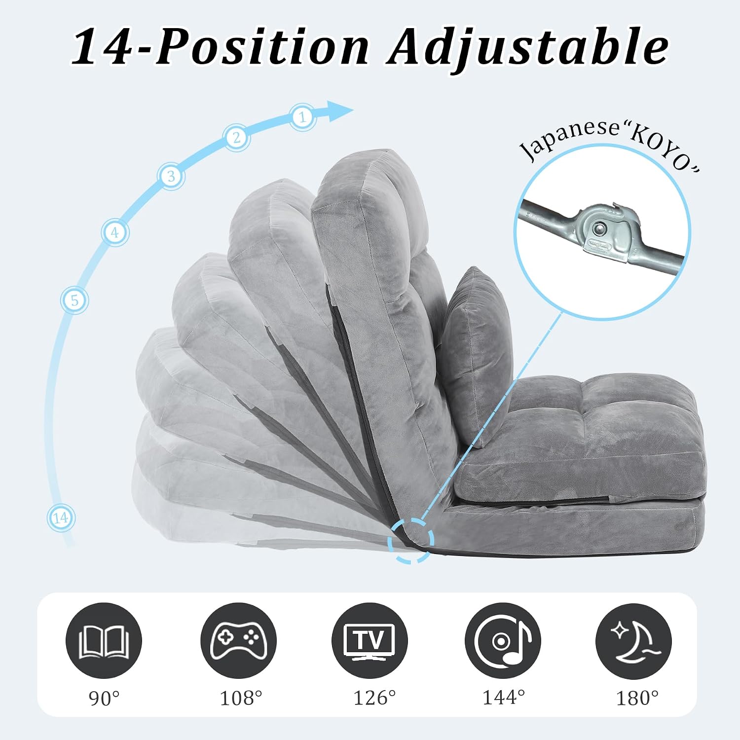 Indoor Chaise Lounge Sofa, Floor Chair with Back Support for Adults, 14 Angle Adjustment Recliner Chair, Folding Floor Lounger with Pillow (Grey)