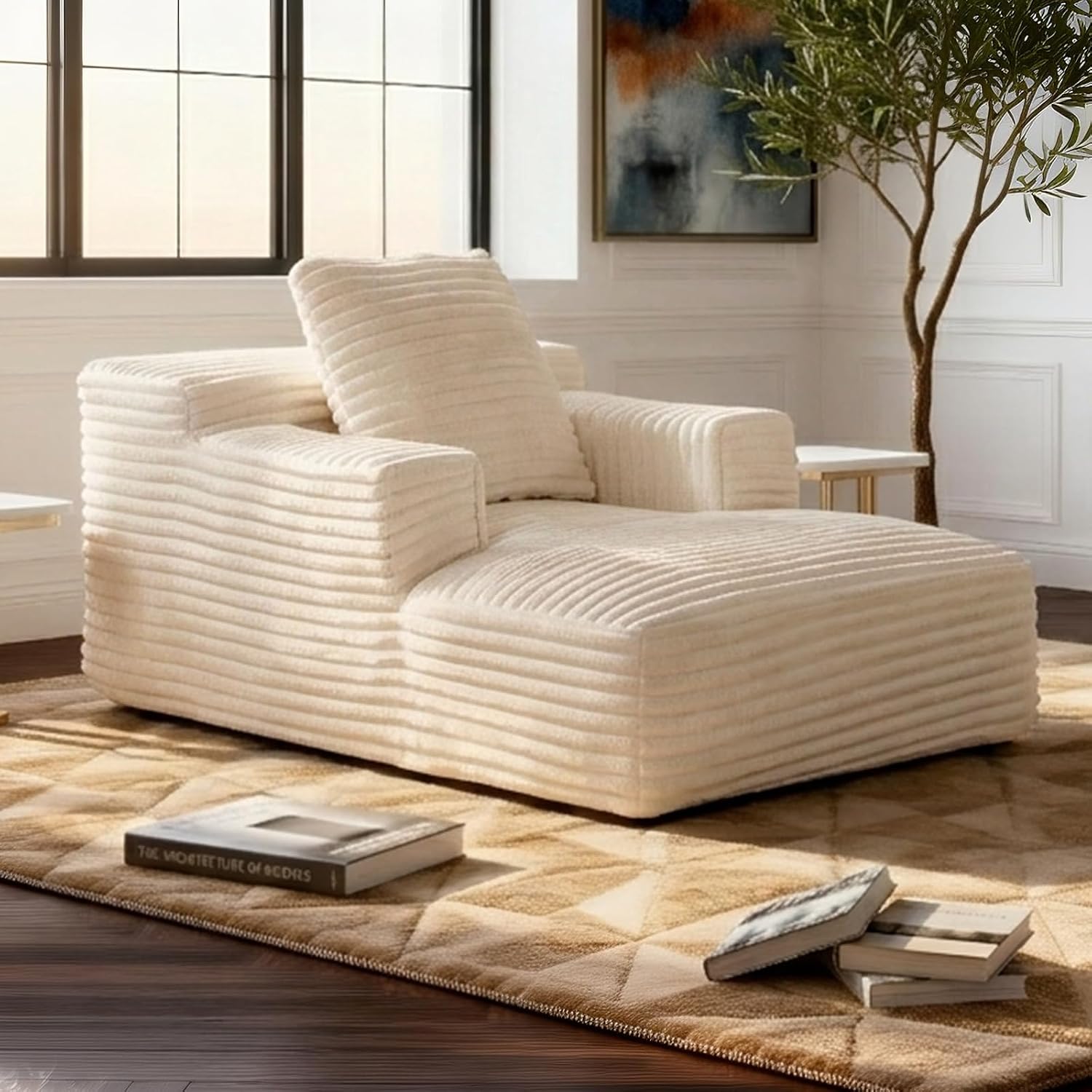 45 Chaise Lounge Chair Indoor Corduroy Upholstered Boneles Sofa Bed (Beige)