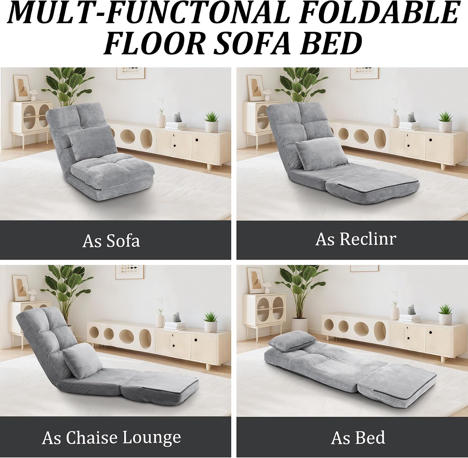 Indoor Chaise Lounge Sofa, Floor Chair with Back Support for Adults, 14 Angle Adjustment Recliner Chair, Folding Floor Lounger with Pillow (Grey)