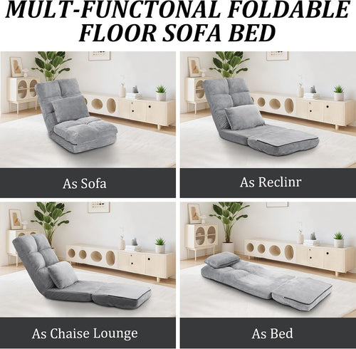 Indoor Chaise Lounge Sofa, Floor Chair with Back Support for Adults, 14 Angle Adjustment Recliner Chair, Folding Floor Lounger with Pillow (Grey)