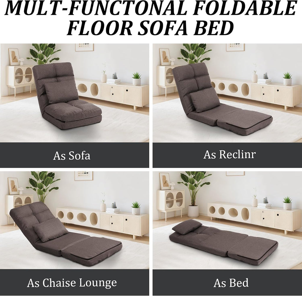 Chaise Lounge Indoor, 14-Position Floor Chair with Padded Pillow for Adults Kids, Folding Lazy Sofa Chair for Living Room, Bedroom, for Gaming Reading (Brown)