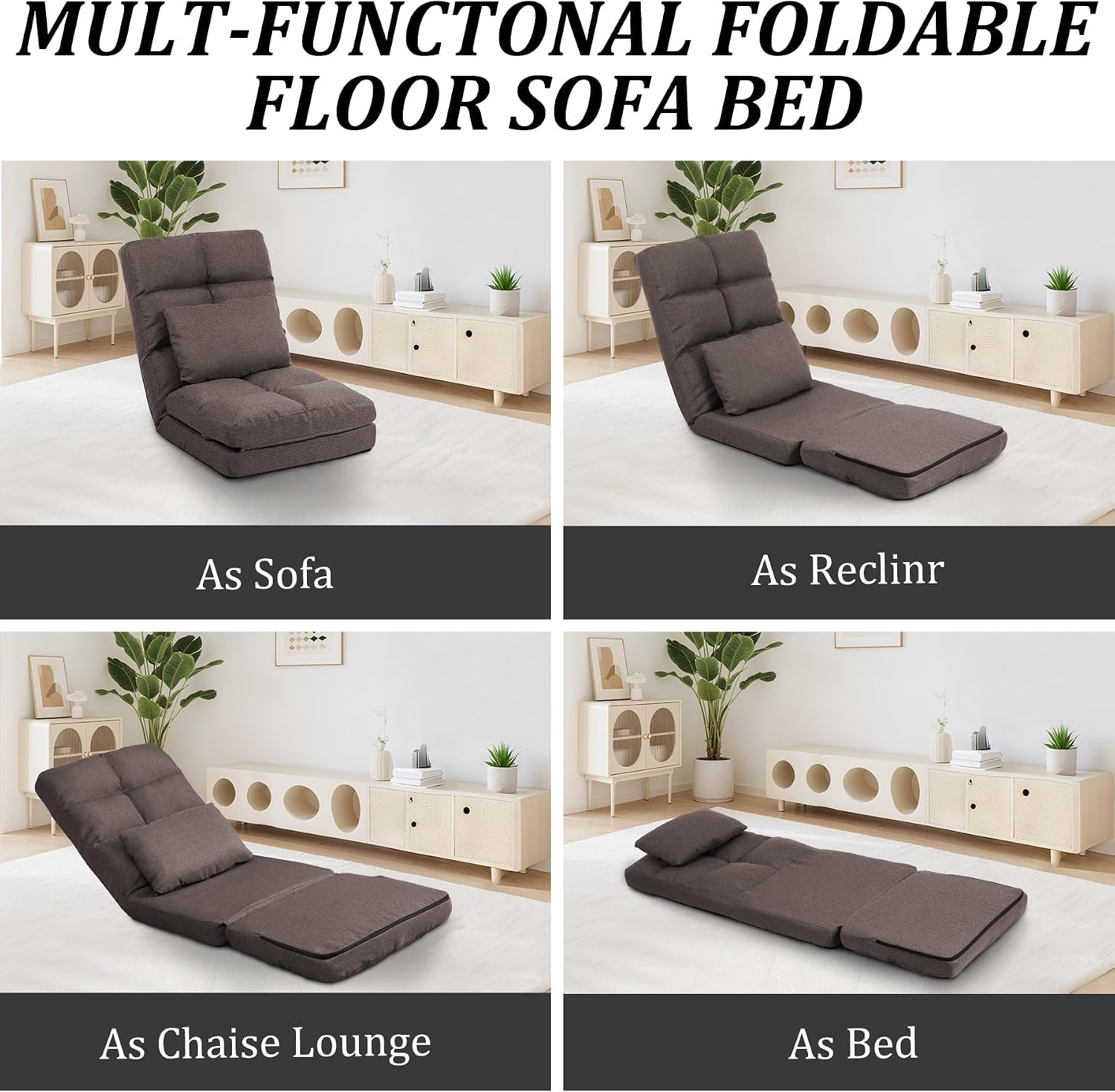 Chaise Lounge Indoor, 14-Position Floor Chair with Padded Pillow for Adults Kids, Folding Lazy Sofa Chair for Living Room, Bedroom, for Gaming Reading (Brown)