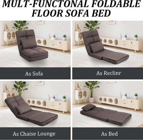 Chaise Lounge Indoor, 14-Position Floor Chair with Padded Pillow for Adults Kids, Folding Lazy Sofa Chair for Living Room, Bedroom, for Gaming Reading (Brown)