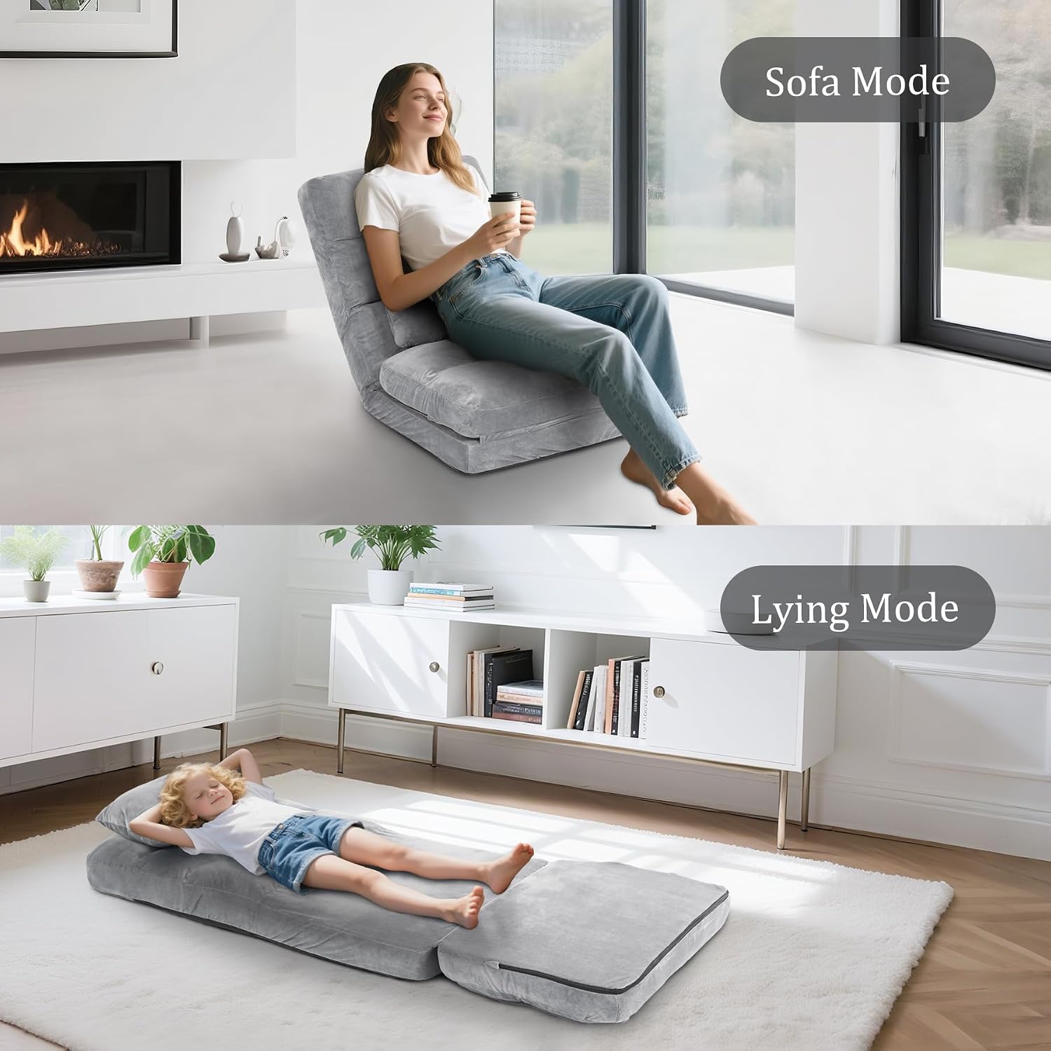 Indoor Chaise Lounge Sofa, Floor Chair with Back Support for Adults, 14 Angle Adjustment Recliner Chair, Folding Floor Lounger with Pillow (Grey)