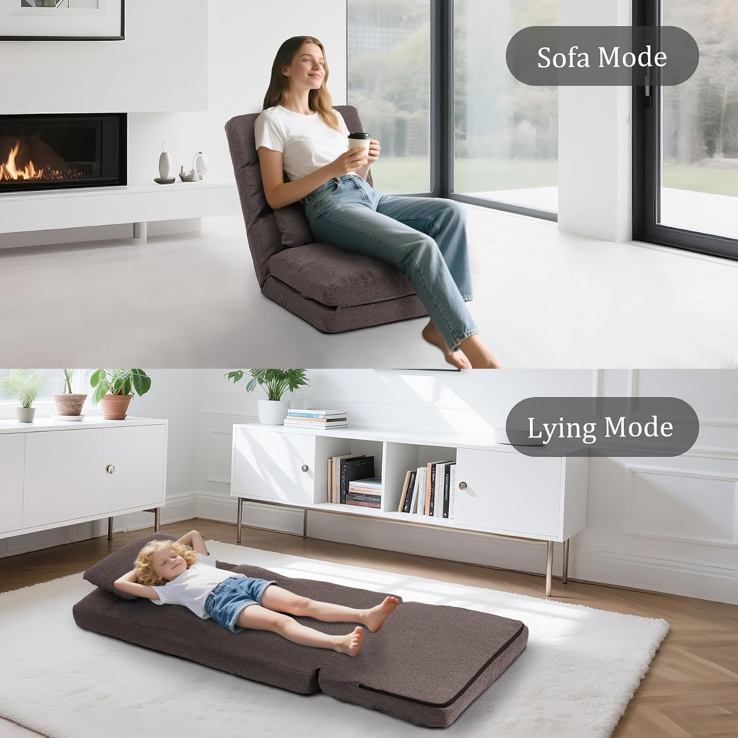 Chaise Lounge Indoor, 14-Position Floor Chair with Padded Pillow for Adults Kids, Folding Lazy Sofa Chair for Living Room, Bedroom, for Gaming Reading (Brown)
