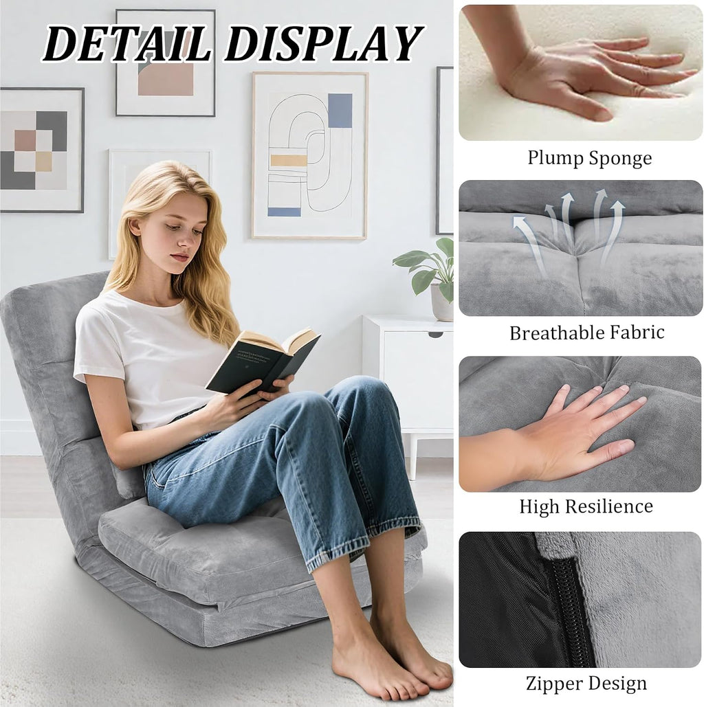 Indoor Chaise Lounge Sofa, Floor Chair with Back Support for Adults, 14 Angle Adjustment Recliner Chair, Folding Floor Lounger with Pillow (Grey)