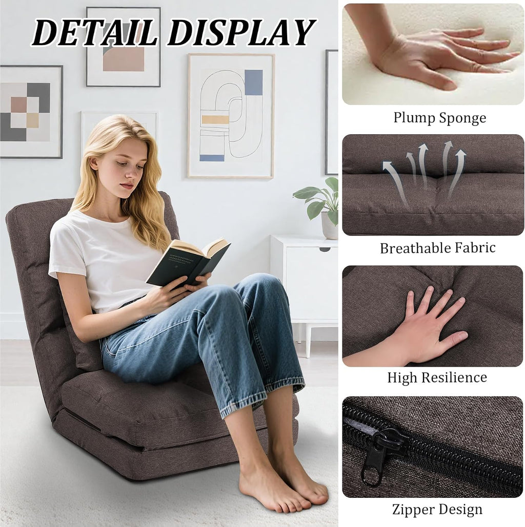 Chaise Lounge Indoor, 14-Position Floor Chair with Padded Pillow for Adults Kids, Folding Lazy Sofa Chair for Living Room, Bedroom, for Gaming Reading (Brown)