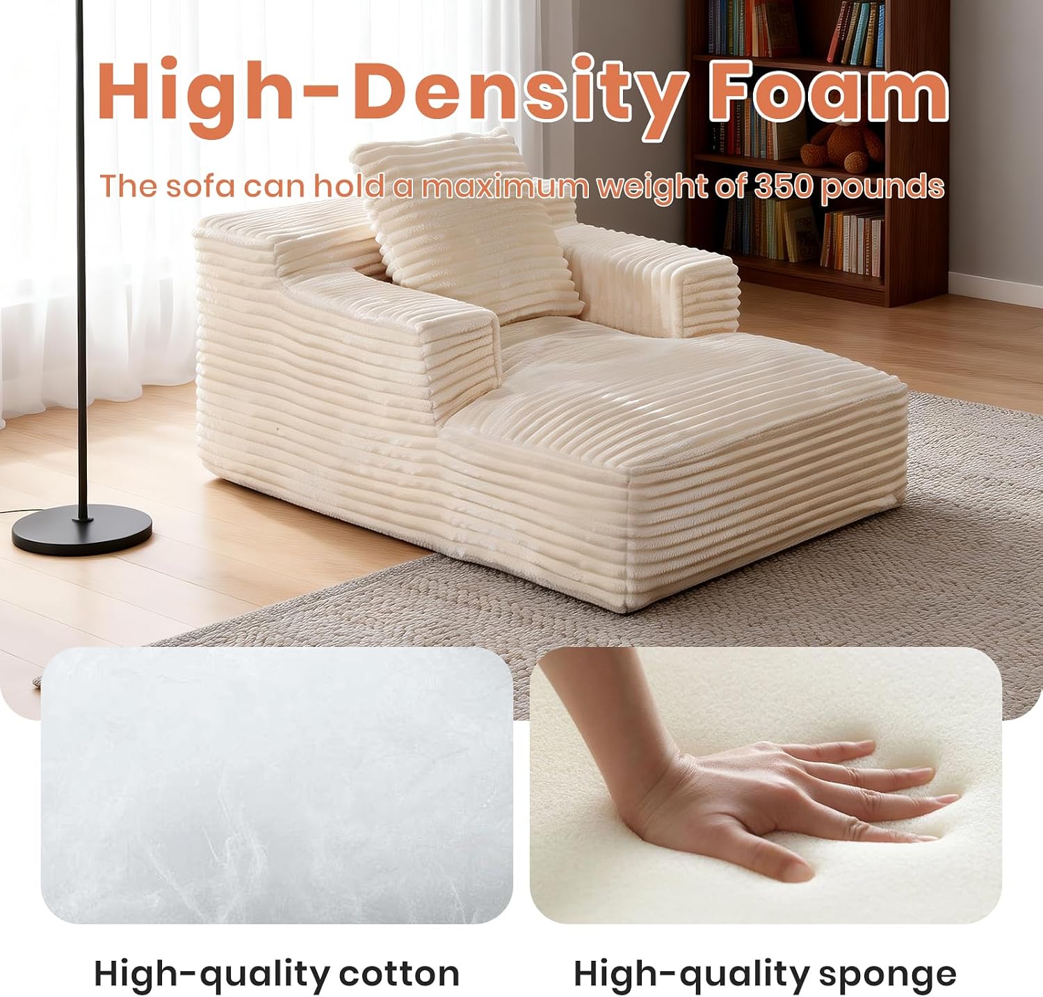 45 Chaise Lounge Chair Indoor Corduroy Upholstered Boneles Sofa Bed (Beige)
