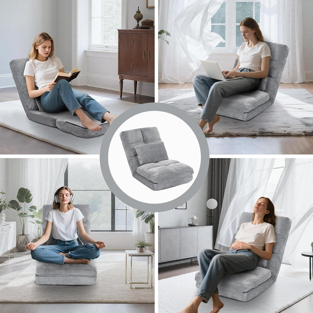 Indoor Chaise Lounge Sofa, Floor Chair with Back Support for Adults, 14 Angle Adjustment Recliner Chair, Folding Floor Lounger with Pillow (Grey)