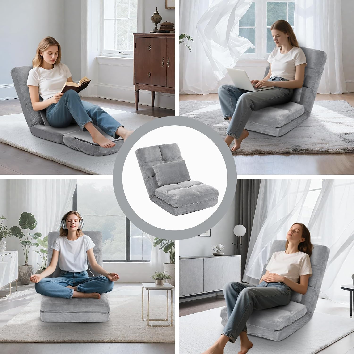 Indoor Chaise Lounge Sofa, Floor Chair with Back Support for Adults, 14 Angle Adjustment Recliner Chair, Folding Floor Lounger with Pillow (Grey)
