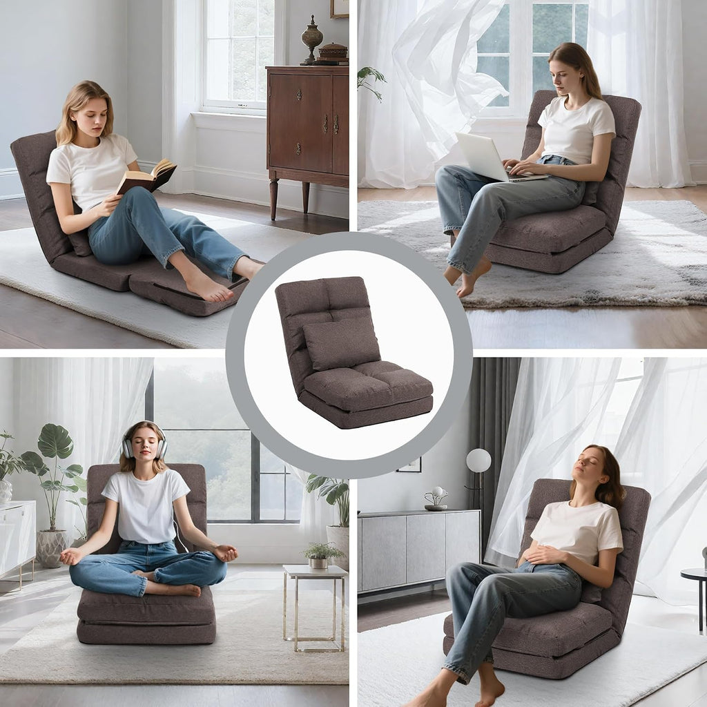 Chaise Lounge Indoor, 14-Position Floor Chair with Padded Pillow for Adults Kids, Folding Lazy Sofa Chair for Living Room, Bedroom, for Gaming Reading (Brown)