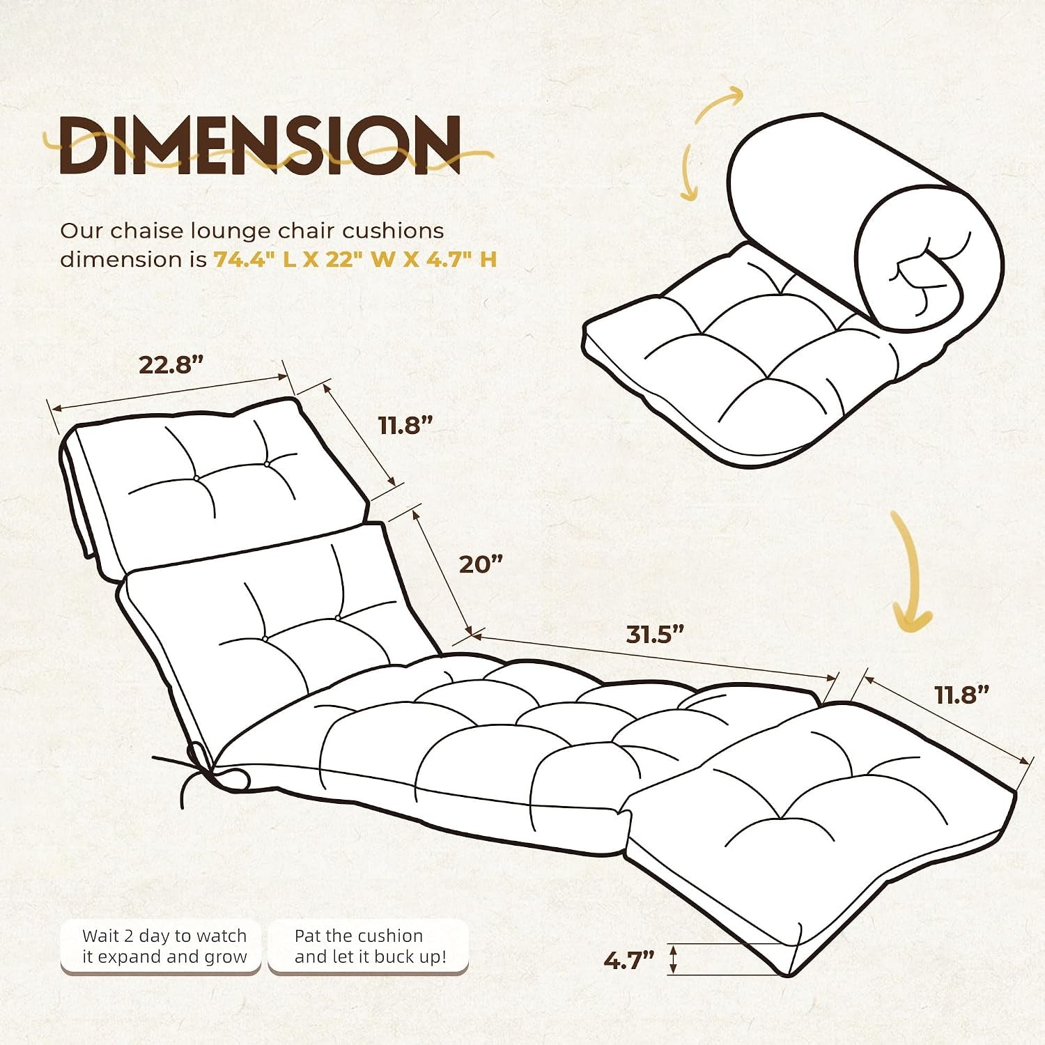 Outdoor Chaise Lounge Chair Cushion Waterproof 74.4 x 22 x 4.7 Inches Memory Foam Lounge Chair Cushions Replacement for Outdoor Furniture with Ties, Thickened Pool Lounge Chair Cushion, Beige