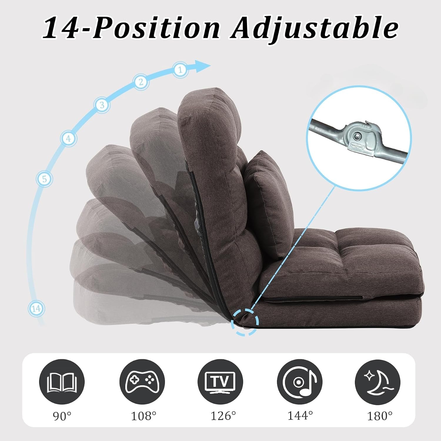 Chaise Lounge Indoor, 14-Position Floor Chair with Padded Pillow for Adults Kids, Folding Lazy Sofa Chair for Living Room, Bedroom, for Gaming Reading (Brown)
